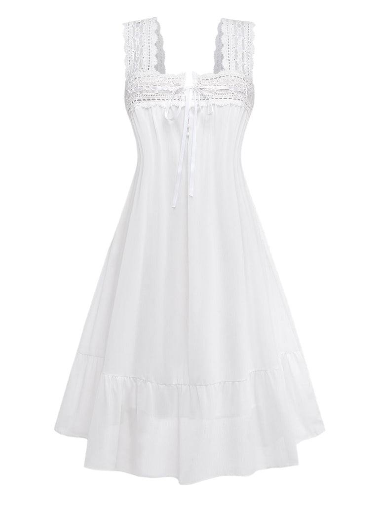 Front: White 1940s Solid Lace Patchwork Tie Front Dress, timeless beauty, perfect for vintage fashion lovers