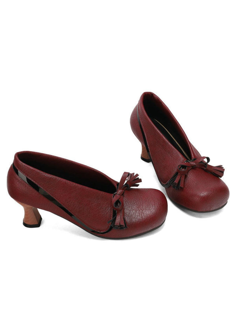 Chaussures rétro à nœud en PU, bout rond et talon compensé