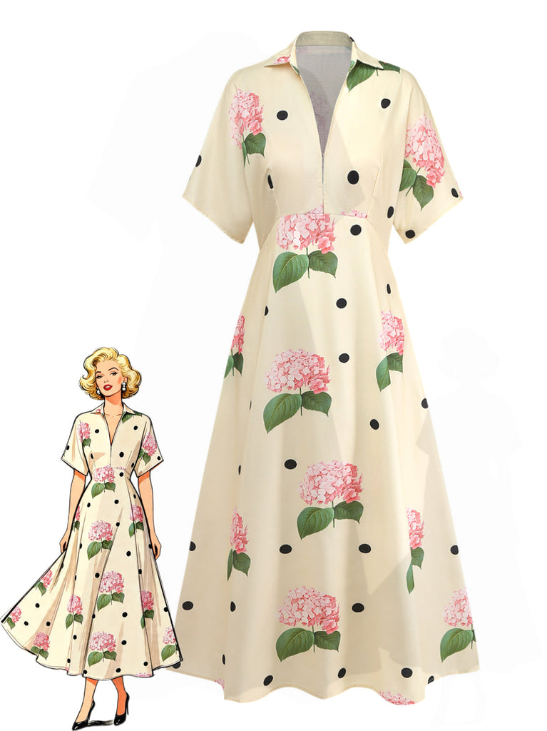 Robe Longue Col V Florale Jaune Années 1940