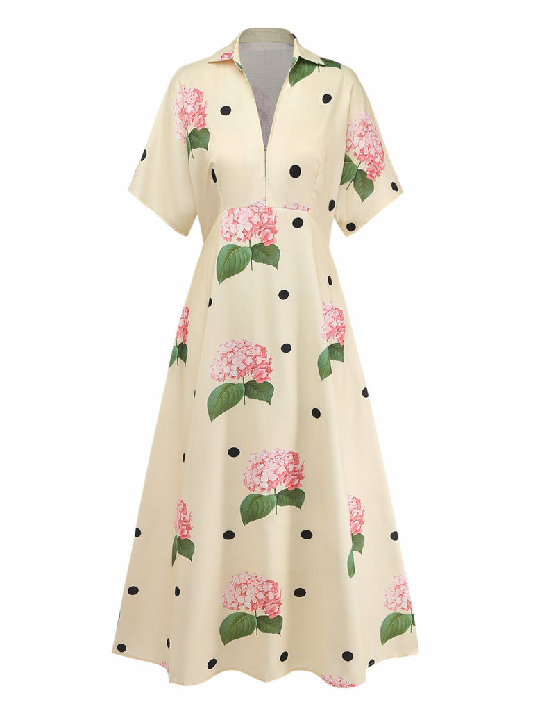 Robe Longue Col V Florale Jaune Années 1940