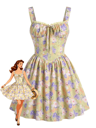 Dentelle Florale Patchwork Mini Robe Jaune Années 1950