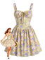 Mini-robe jaune patchwork floral et dentelle années 1950