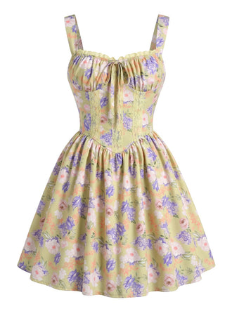 Dentelle Florale Patchwork Mini Robe Jaune Années 1950 2