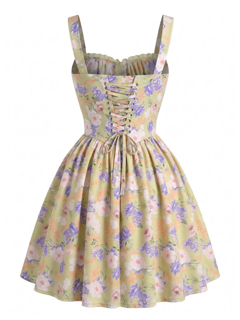 Dentelle Florale Patchwork Mini Robe Jaune Années 1950 3