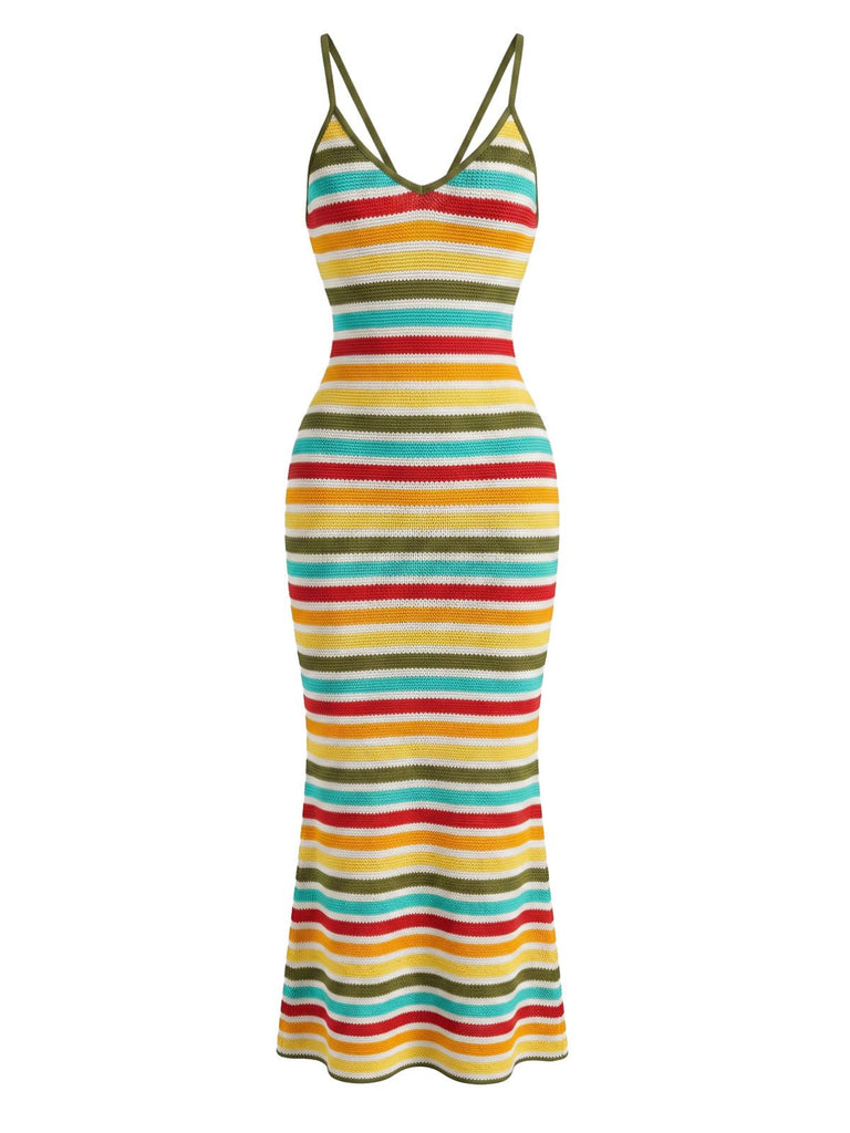 Bohème Rayée Tricot Dos Ouvert Moulante Robe Multicolore Années 1970 2