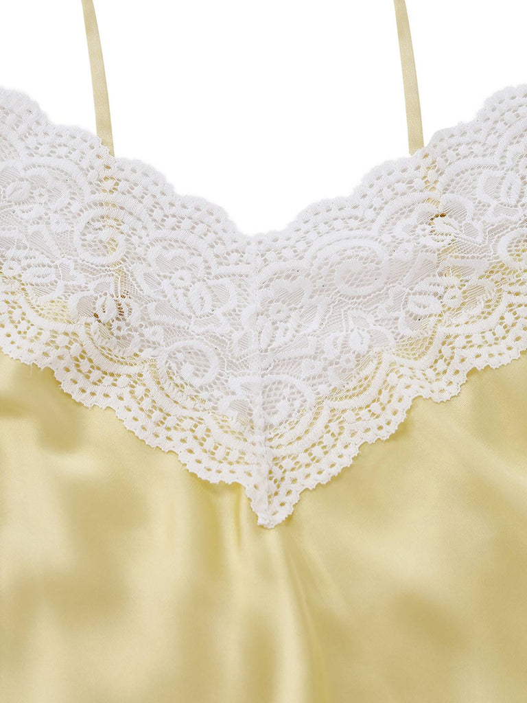 Yellow V-neck lace asymmetric nightgown collar detail displaying deep neckline and intricate lacework for romantic sleepwear