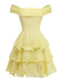 Yellow off-shoulder dress with ruffled layers on a white background