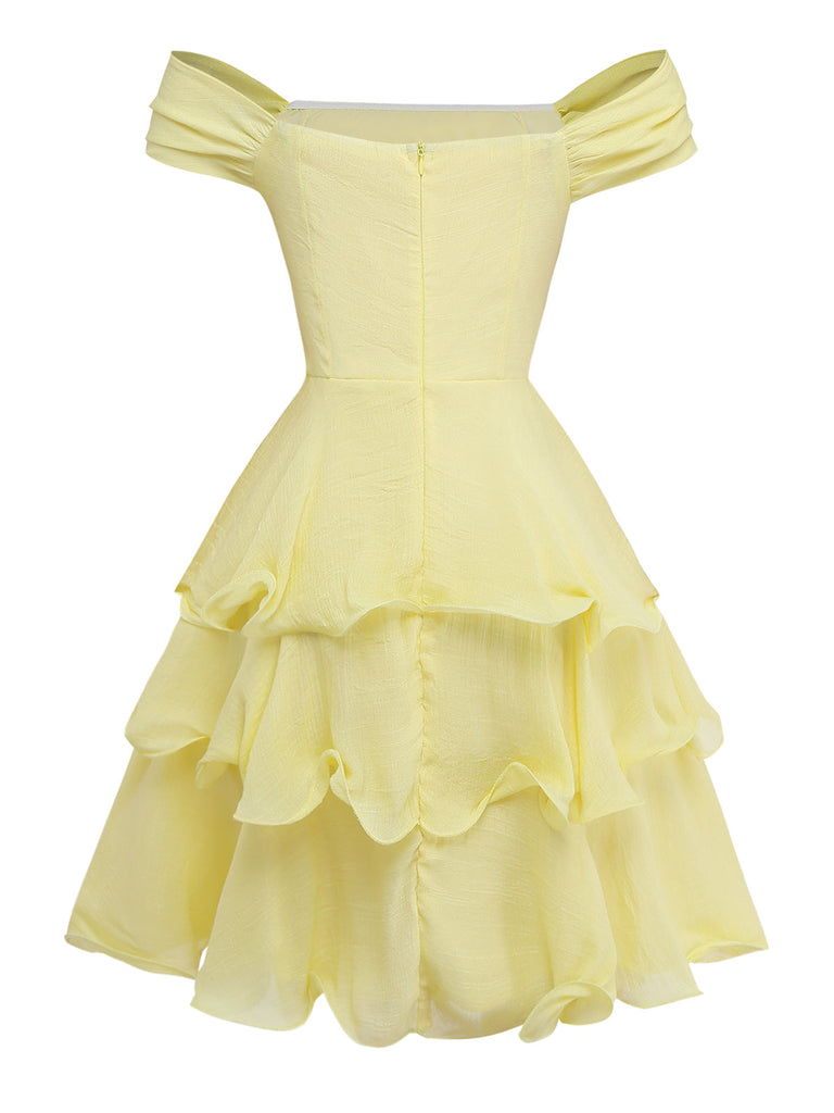 Yellow off-shoulder dress with ruffled layers on a white background