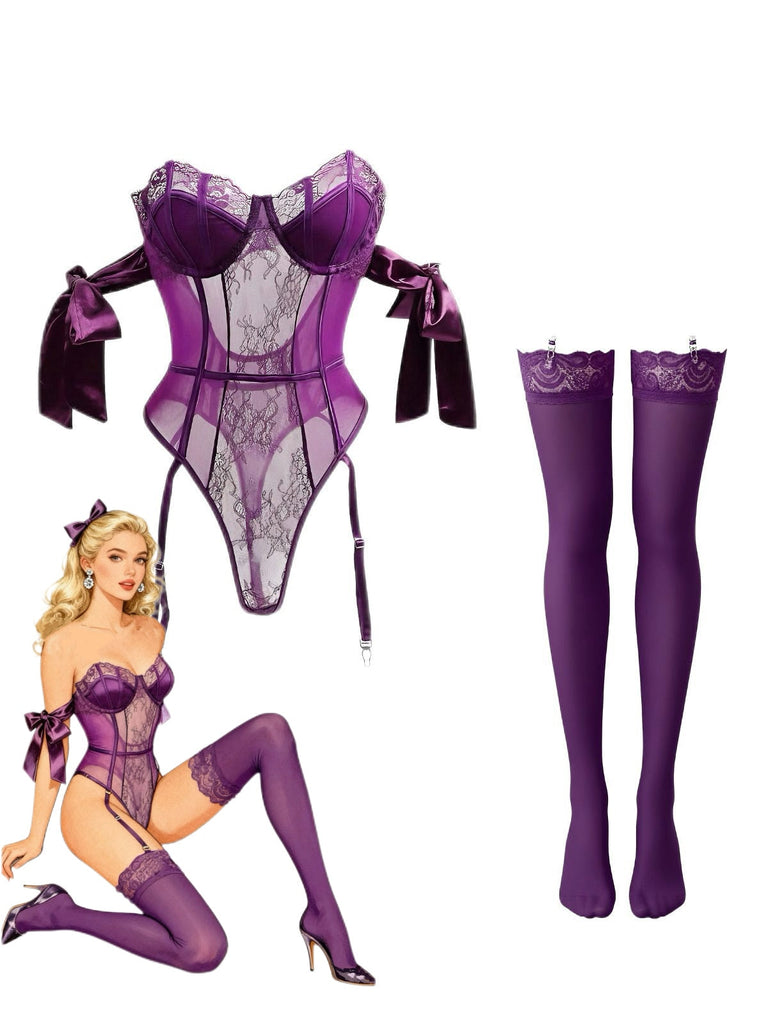 Ensemble pyjama body à nœud papillon uni avec bas assortis années 1980