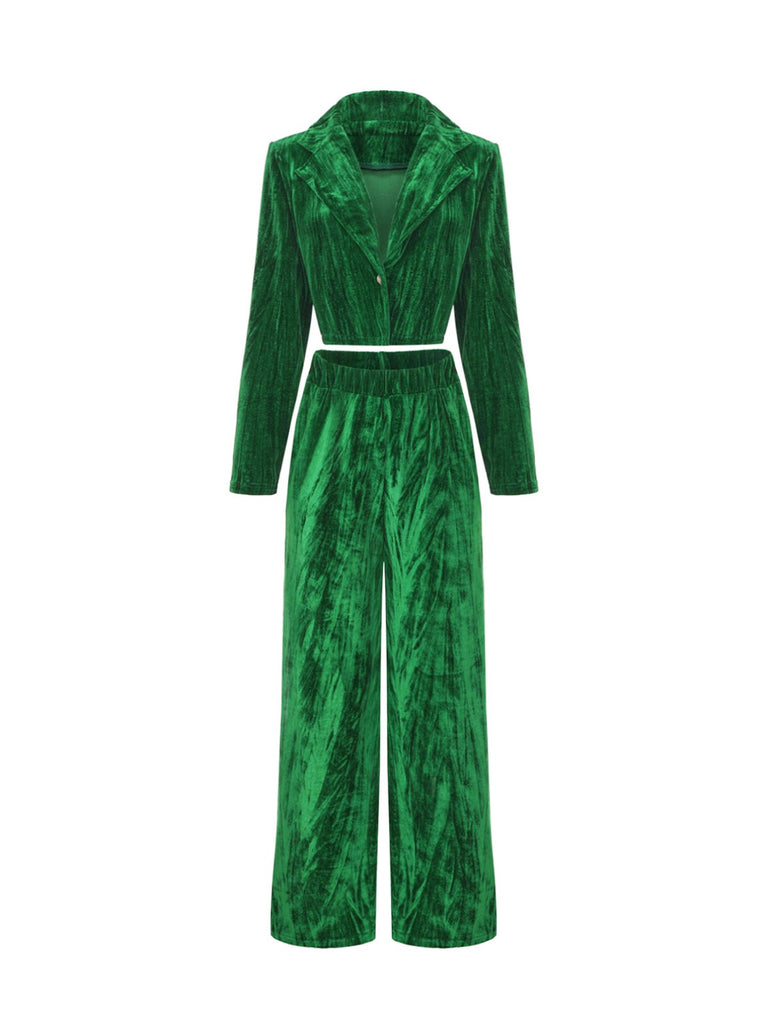 2PCS Blazer et pantalon large en flanelle plissée verte unie années 1980