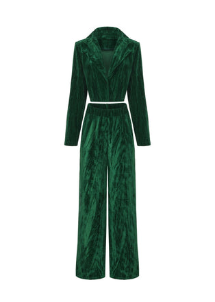 2PCS Blazer et pantalon large en flanelle plissée verte unie années 1980