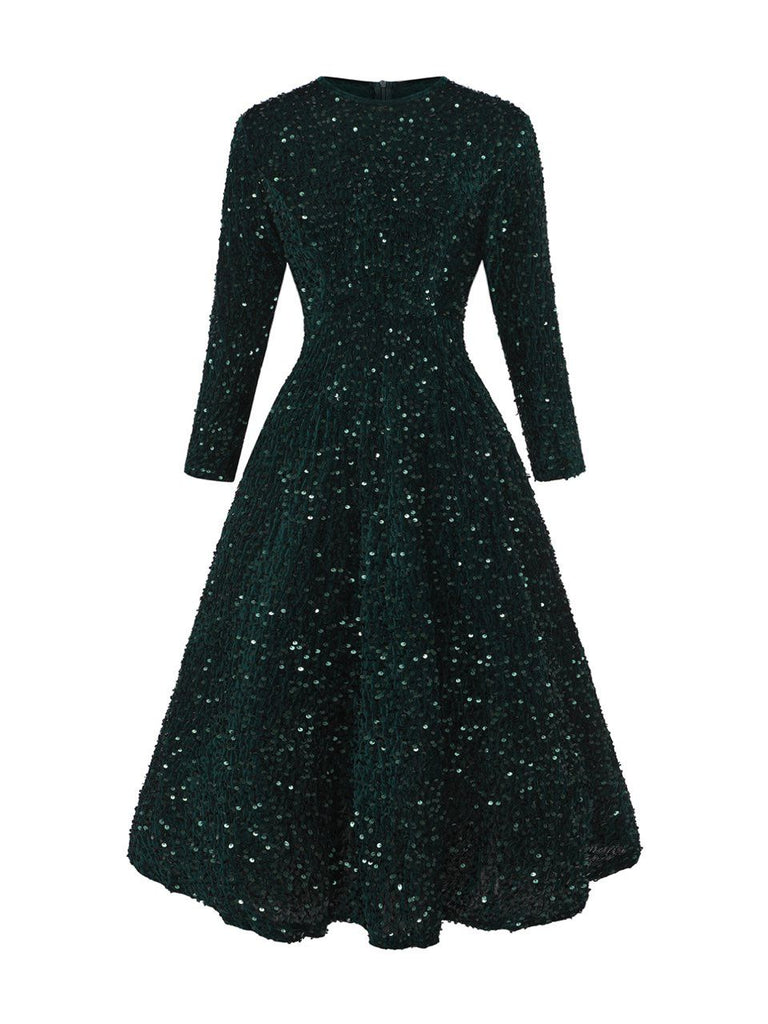 Robe longue à sequins vert foncé manches longues années 40