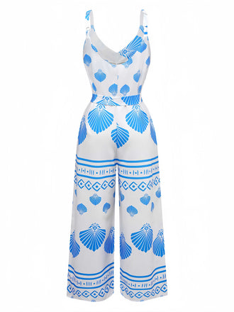 Combinaison bleue à bretelles imprimé coquillages avec ceinture années 1930