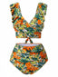 Ensemble bikini à volants et plantes tropicales des années 1960