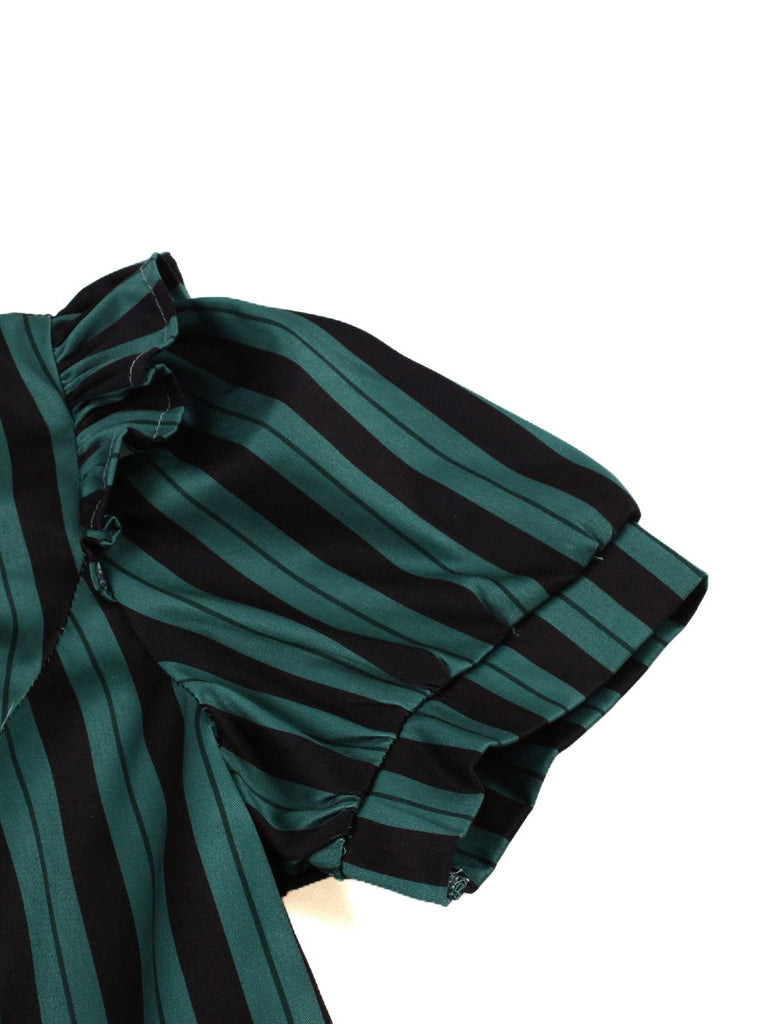 Robe trapèze verte à rayures et col revers années 1950