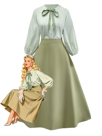 2PCS Chemisier vert col noué et jupe trapèze des années 1980