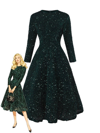 Robe longue à sequins vert foncé manches longues années 40