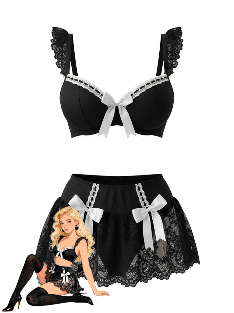 Ensemble de vêtements d'intérieur de soubrette nœud en dentelle années 1980