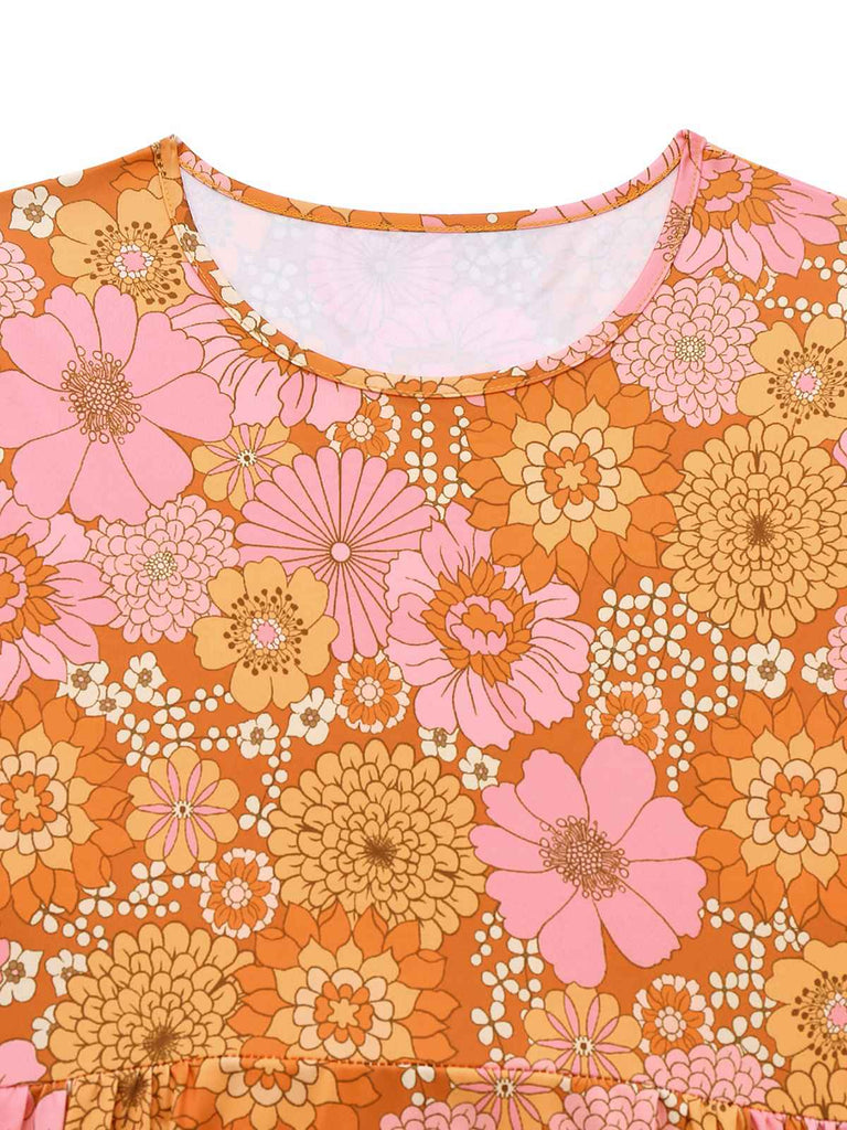 Robe fleurie orange hippie manches cloche des années 1960