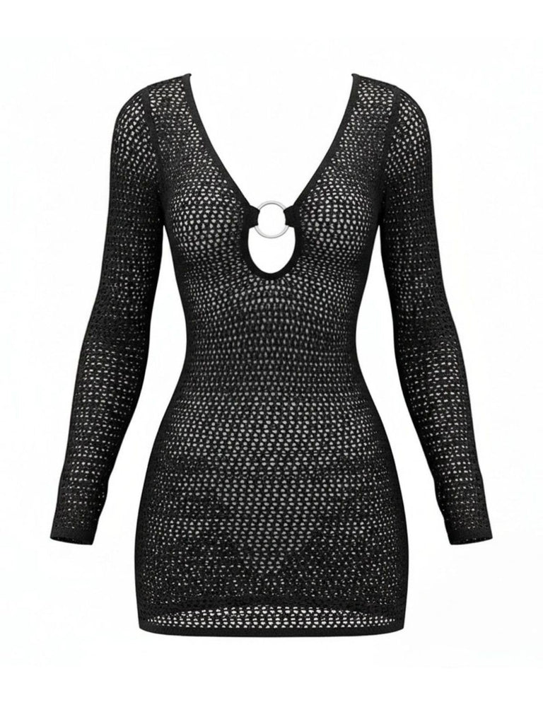 Pareo Manches Longues En Crochet Découpé Avec Anneaux Année 1980