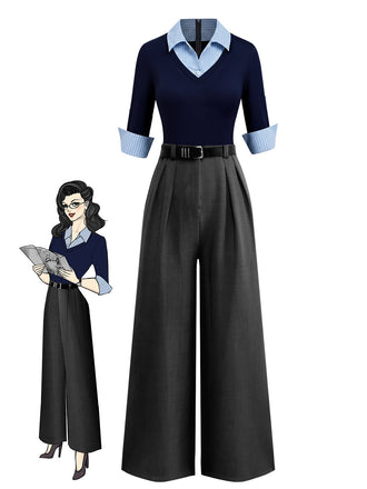 [Prévente] Combinaison chemise manches trois-quarts en tricot bleu et gris années 40