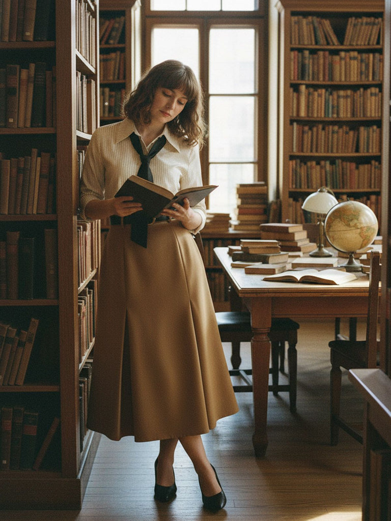 [Prévente] Robe beige rayé patchwork plissée col revers et cravate années 1930