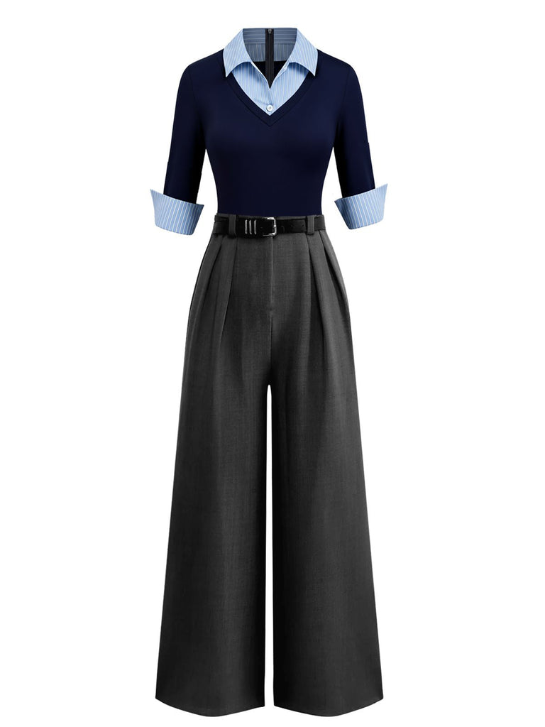 [Prévente] Combinaison chemise manches trois-quarts en tricot bleu et gris années 40