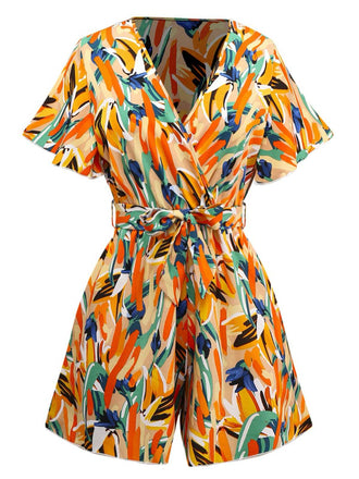 Combishort ceinturée multicolore col V et imprimé abstrait années 1980