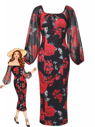 Robe moulante fleurs style thé français épaules dénudées années 1960