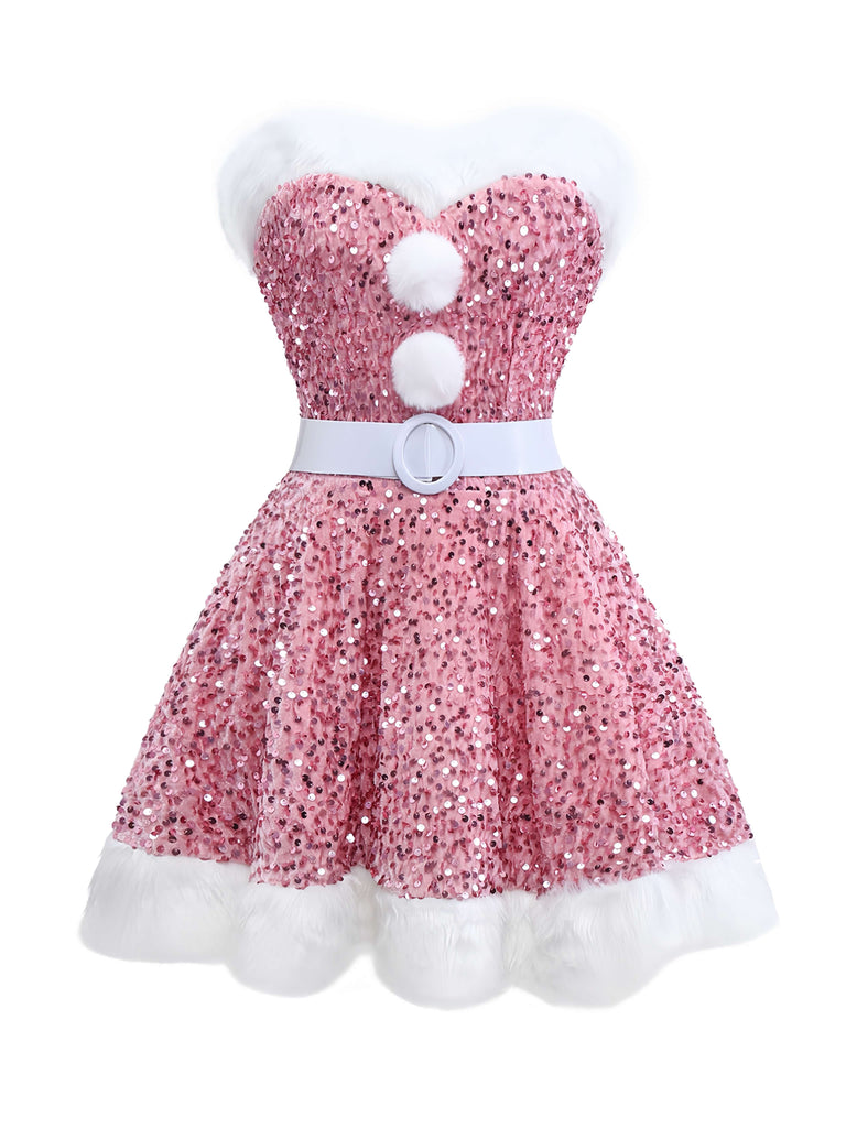 Robe bustier rose à paillettes et fourrure des années 60