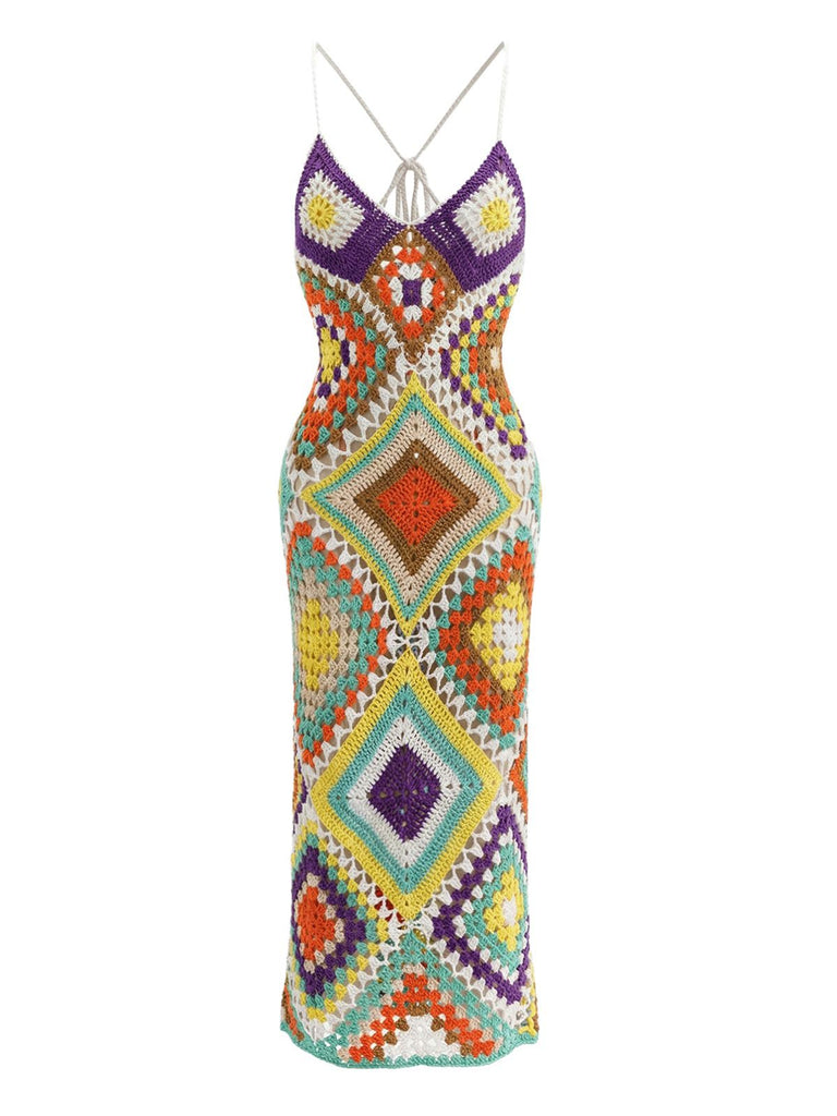 Robe paréo crochet main imprimé irrégulier bohème 1980s