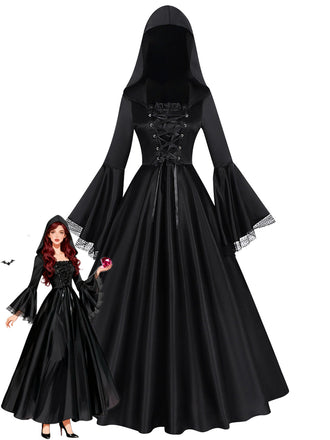 Robe longue noire médiévale à capuche pour cosplay de sorcière années 1970