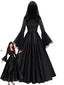 Robe longue noire cosplay sorcière médiévale capuche années 70
