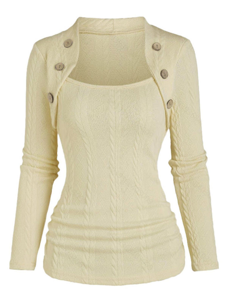 Pull en maille beige faux boutonnage années 1960