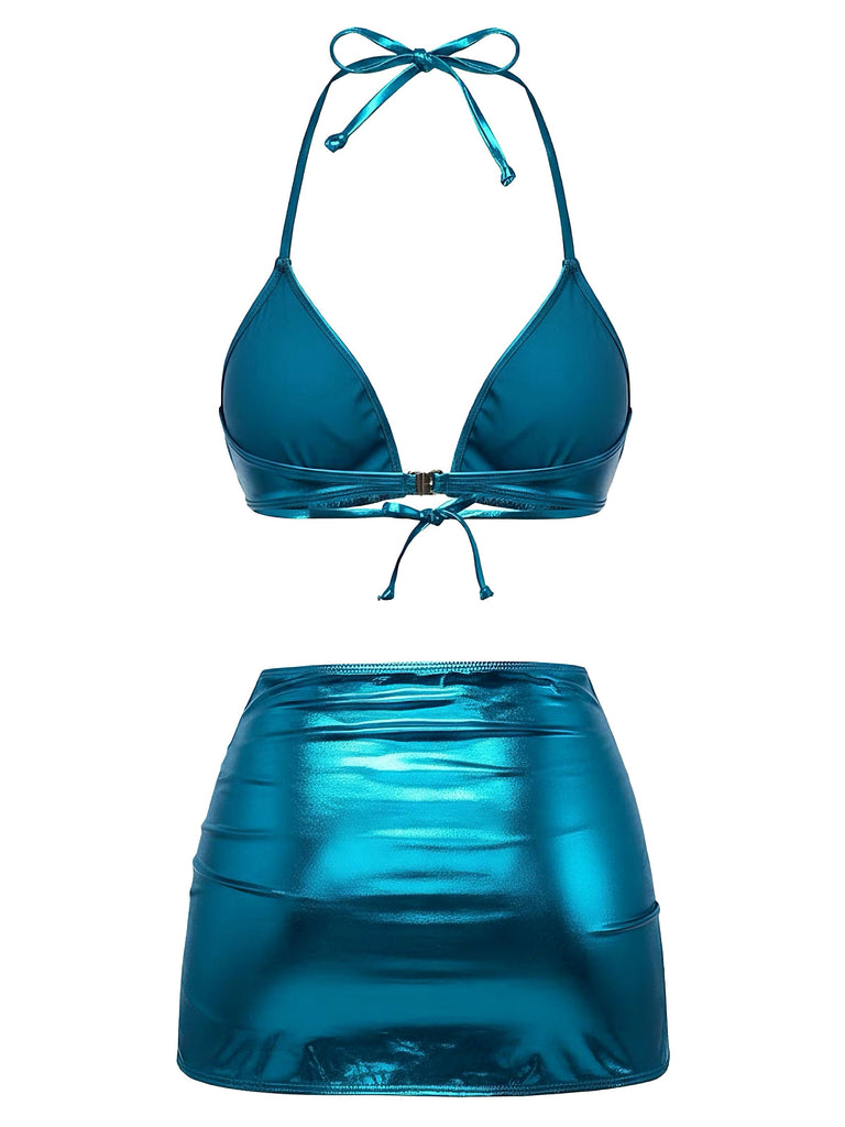 Ensemble bikini métallisé uni à bretelles années 1970