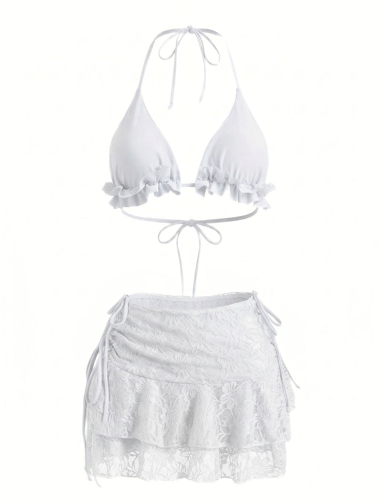Ensemble bikini col halter et cache-maillot fleurie années 1960