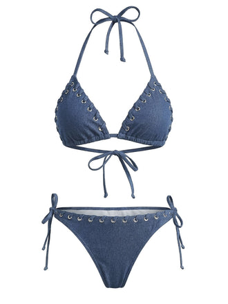 bikini bleu faux denim dos nu 1970s