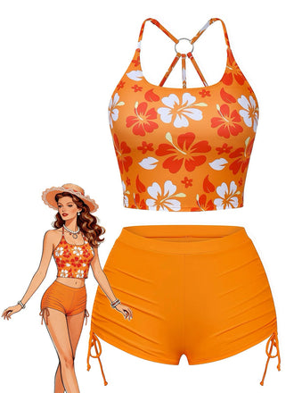 Ensemble bikini dos nu fleurs orange