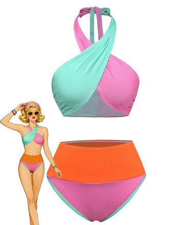 Ensemble de bikini coloré porté par une femme sur fond blanc
