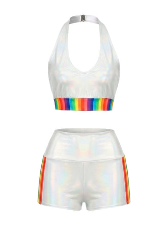 Ensemble bikini patchwork arc-en-ciel blanc 1960s