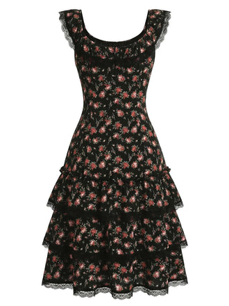 Classic 1940s black lace dress with delicate floral pattern, u-neck design and wide shoulder straps, ideal for evening parties and vintage weddings