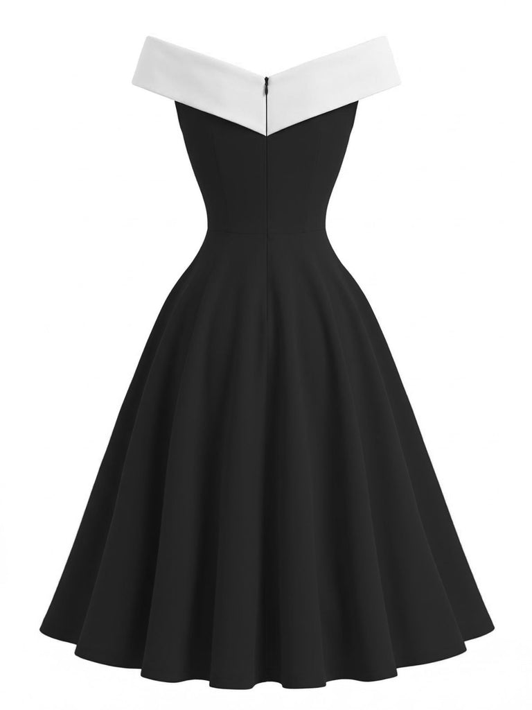 black-1950s-Off-Shoulder-Solid-Color-Block-Dress-back-view