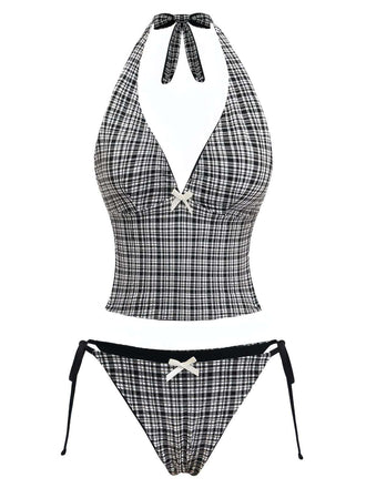 Retro black plaid halter tankini set featuring deep V-neck styling and classic 1960s charm, ideal for summer swimming and beachside activities