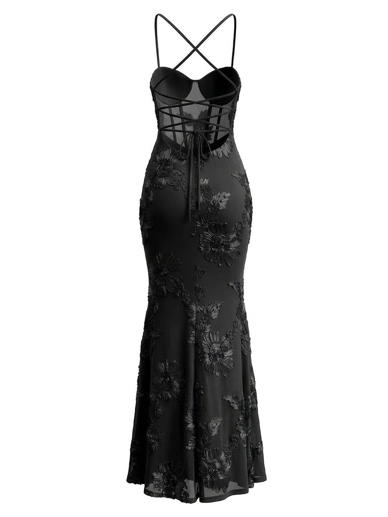 Bretelles Fines 3D Floral Maxi Robe Sirène Années 1930 6