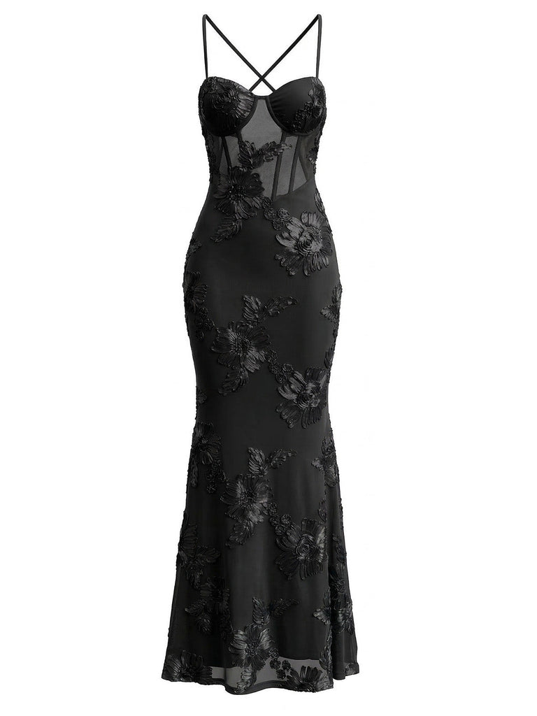 Bretelles Fines 3D Floral Maxi Robe Sirène Années 1930 5