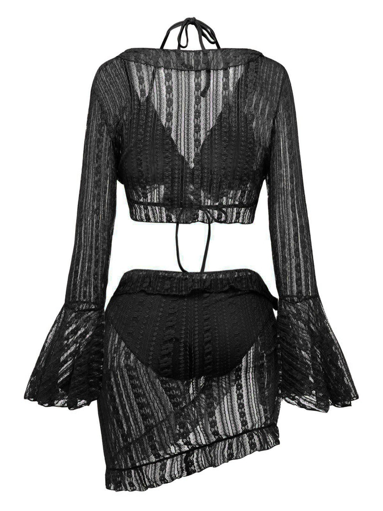 Front and back views of the 3-piece bell-sleeve bikini set in elegant black.