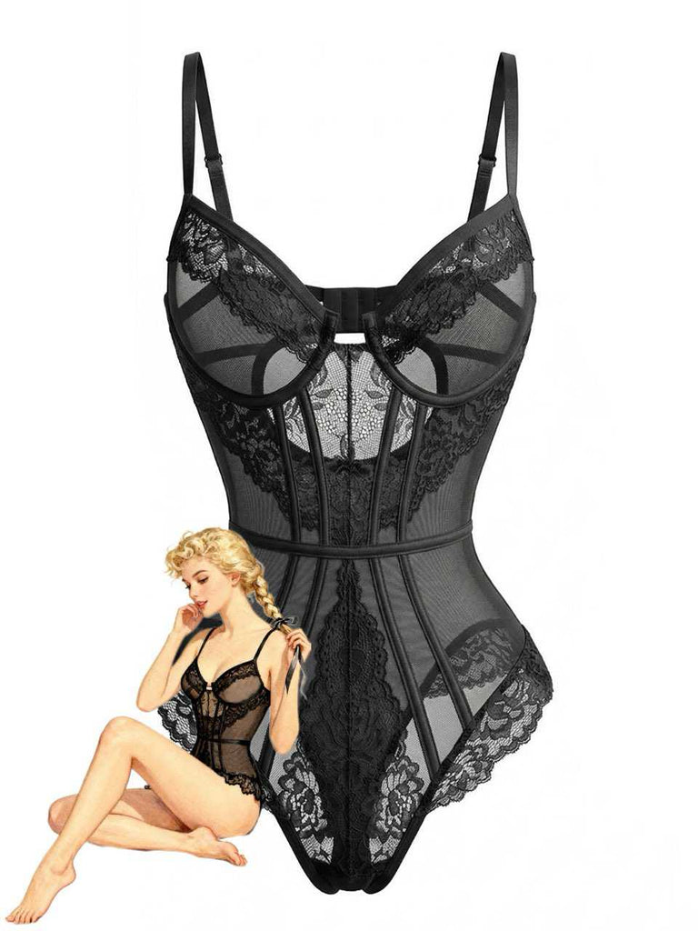 A model wearing the same high-neck lace and mesh bodysuit in a classic black colorway.