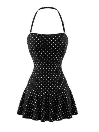 Noir à Pois Halter Dos Nu Maillot de Bain à Jupe Années 1950
