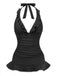 Front studio shot of the black halter swimsuit featuring a deep V ruffled neckline and a flattering skater-style skirted hem.