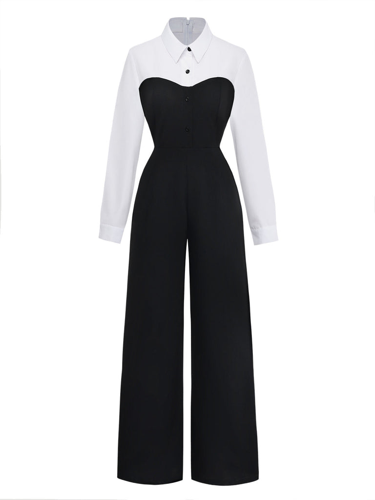 Classic 80s black white colorblock mock two-piece lapel jumpsuit styled for vintage office wear and retro business occasions